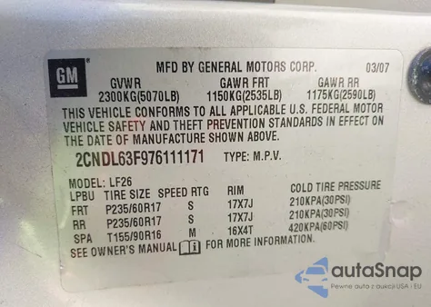 2007 Chevrolet Equinox Lt z USA, uszkodzony, nr VIN 2CNDL63F976111171